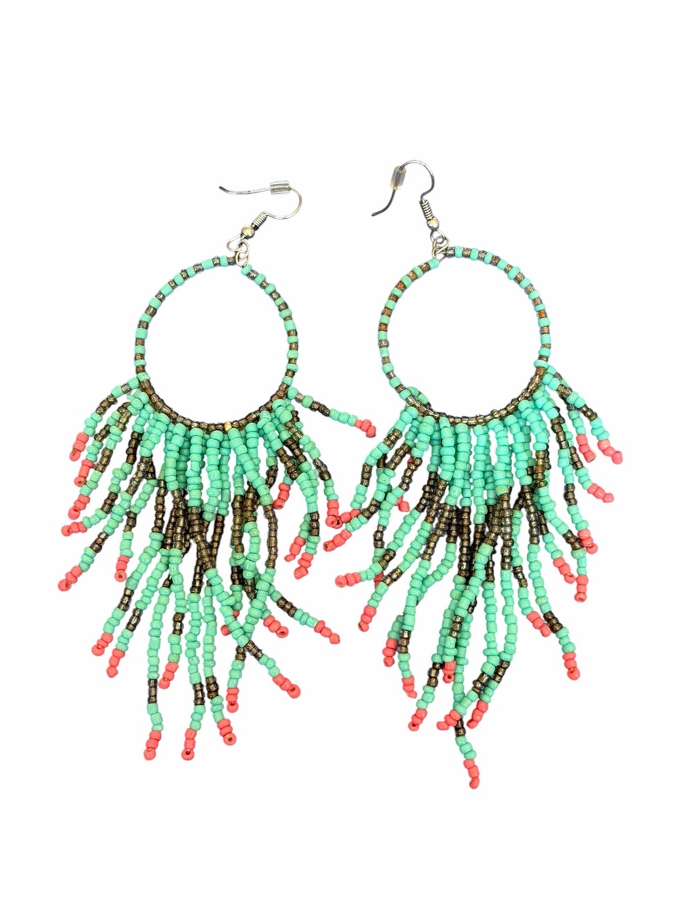 Turquoise and Coral Beaded Fringe Hoop Earrings